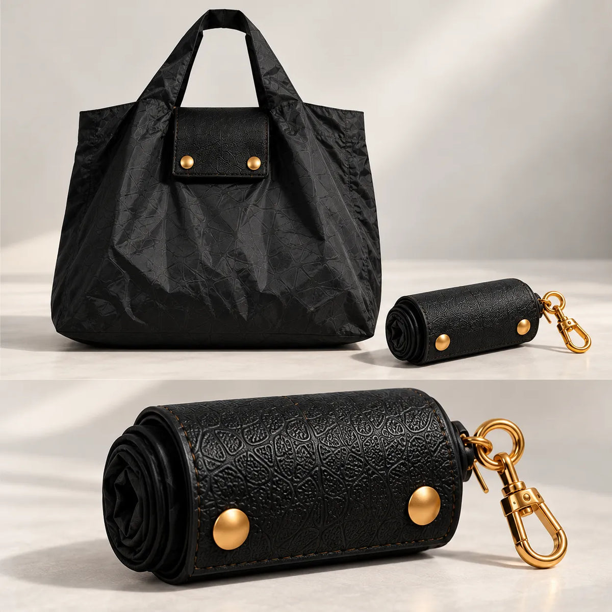 Magic Bag abierta, plegada y detalle del estuche